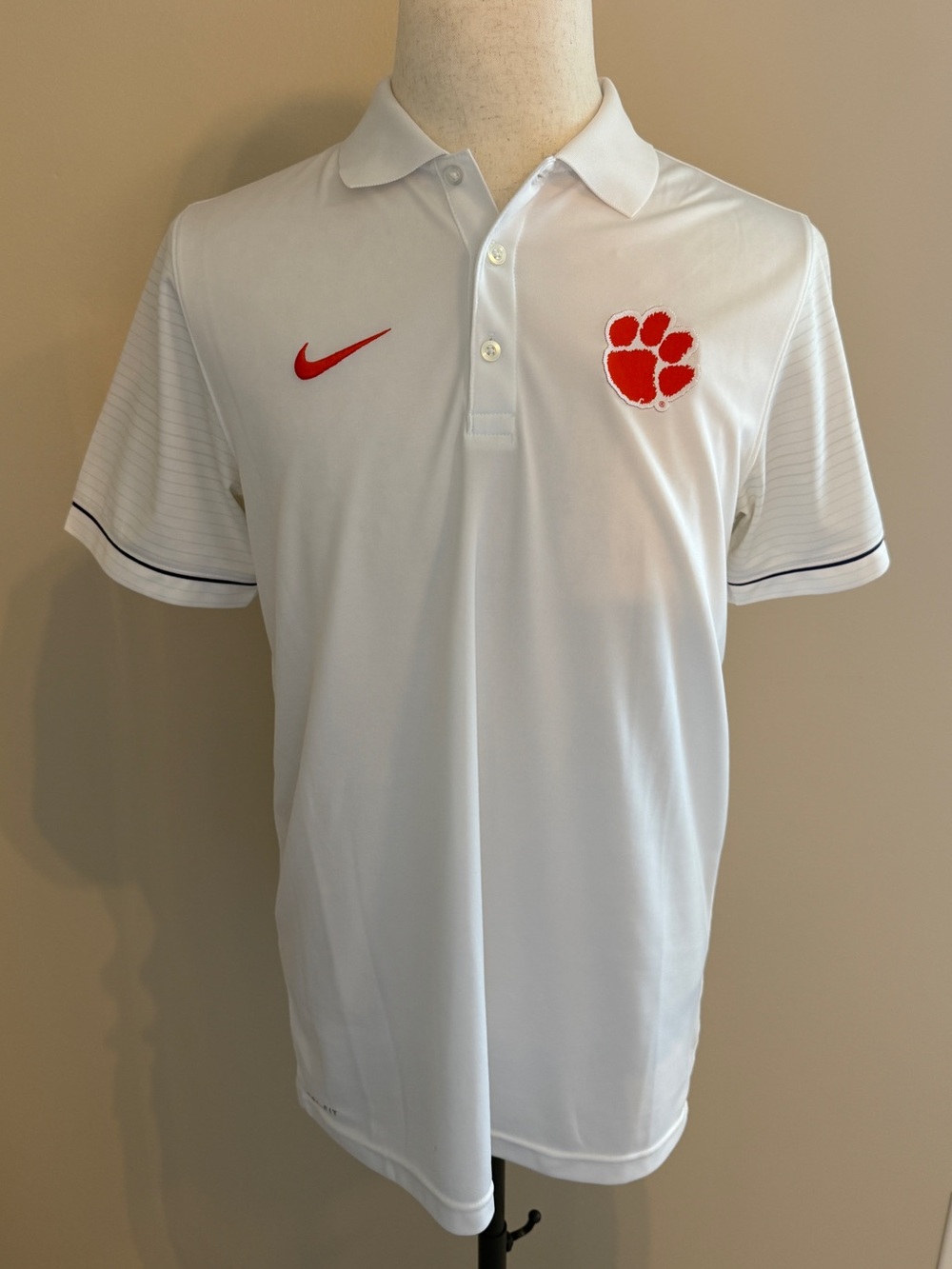 Nike DriFit Polo with Clemson Tiger Paw in Whte with Pinstriped Sleeves